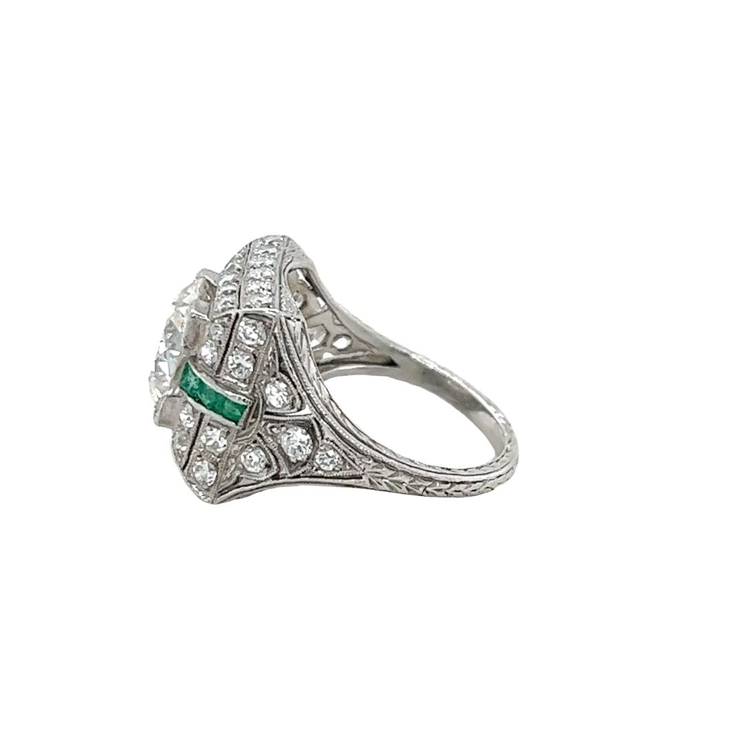 Platinum Art Deco VS Diamond Emerald Ring