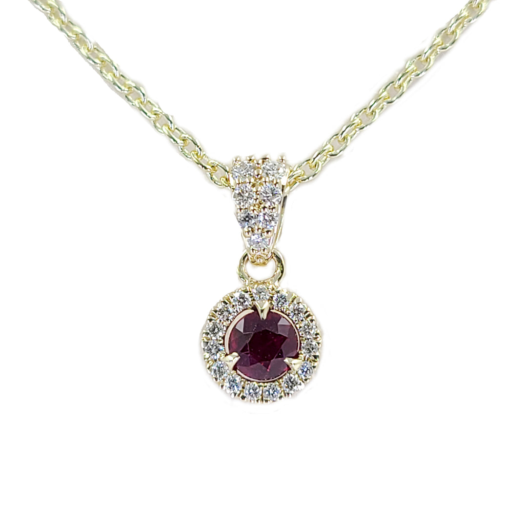 Ruby and Diamond Halo Pendant Necklace