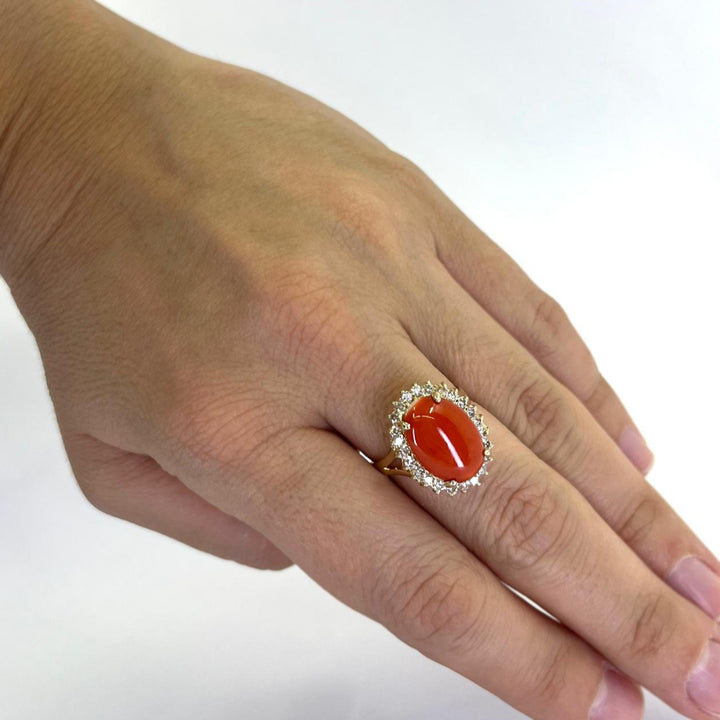 Cabochon Coral and Diamond Ring