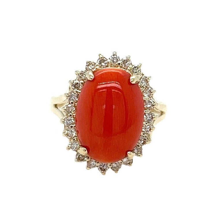 Cabochon Coral and Diamond Ring