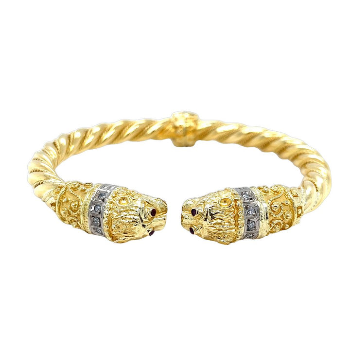 Vintage 18K Yellow Gold Lion Ruby Eyes Diamond Twist Hinged Bangle ...