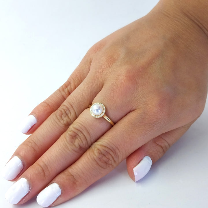 Pearl and Diamond Halo Ring