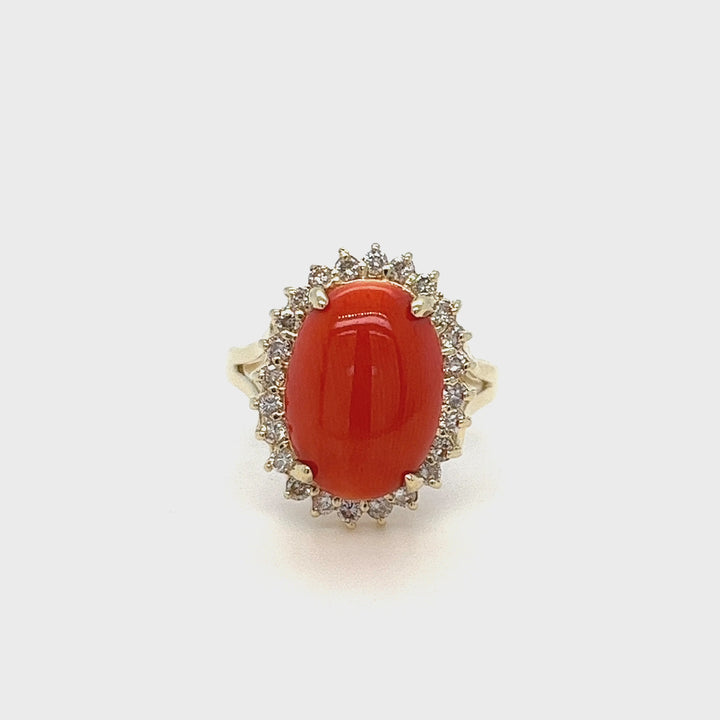 Cabochon Coral and Diamond Ring