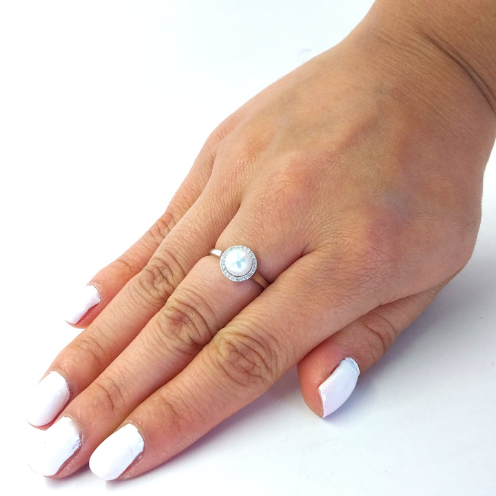 Pearl and Diamond Halo Ring